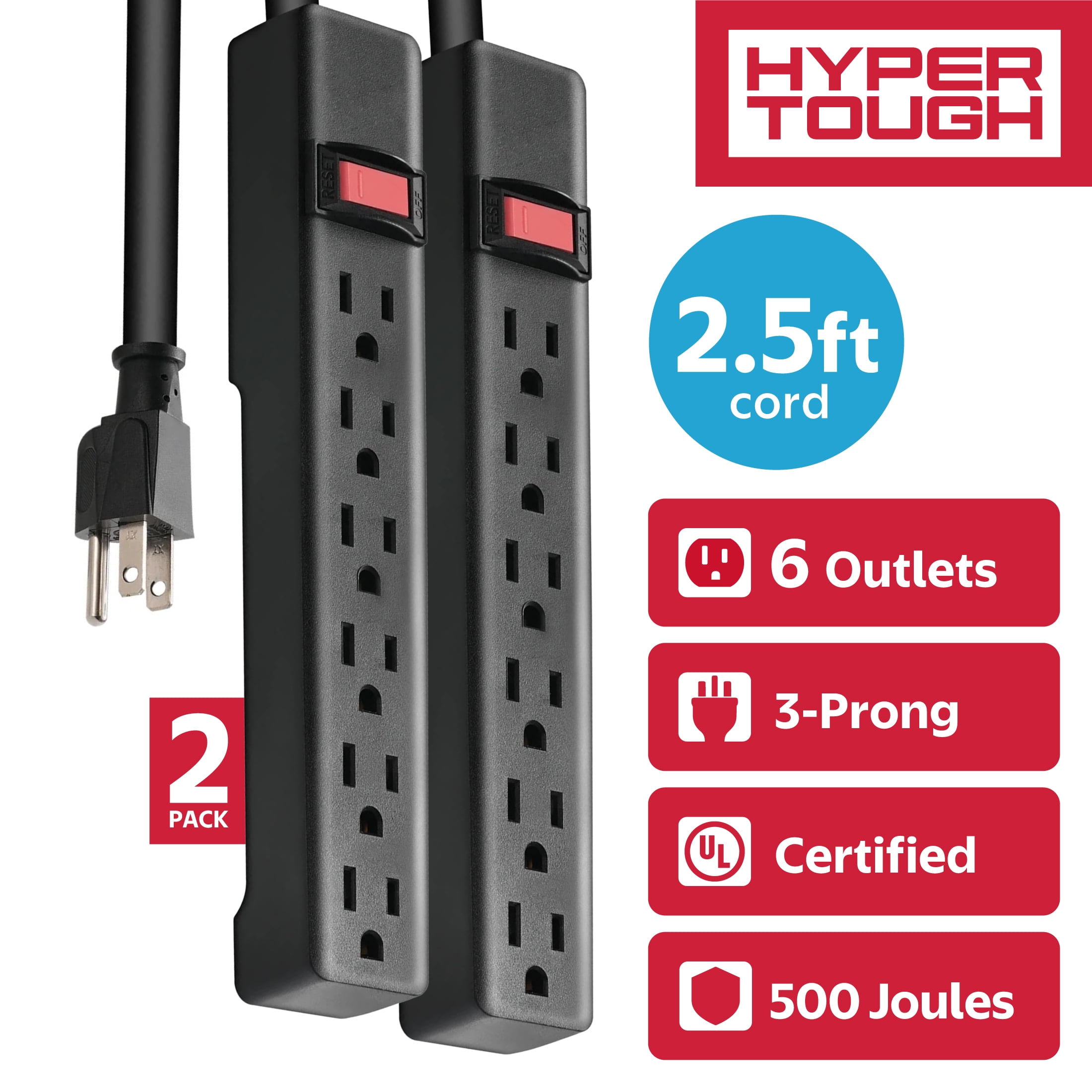 Hyper Tough Indoor Surge Protector 6 Outlets 2.5ft 500J with Reset