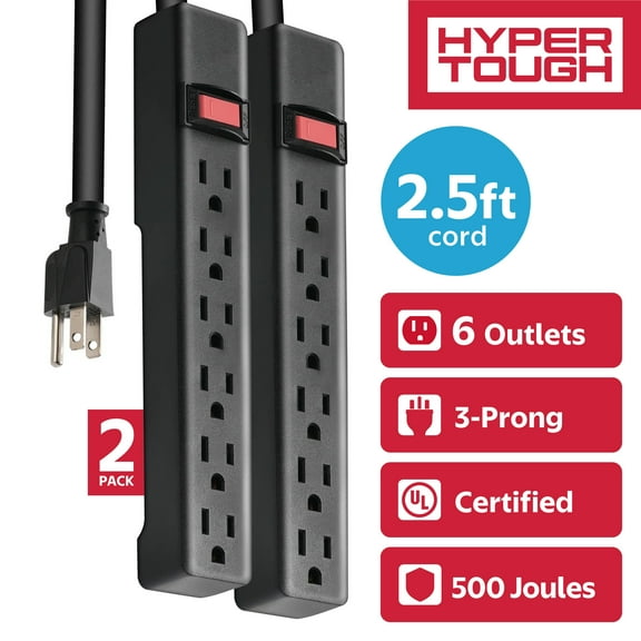 Hyper Tough Surge Protector Power Strip, 6 Outlets, 2.5 ft Extension Cord, Grounded, Black, 2-Pack