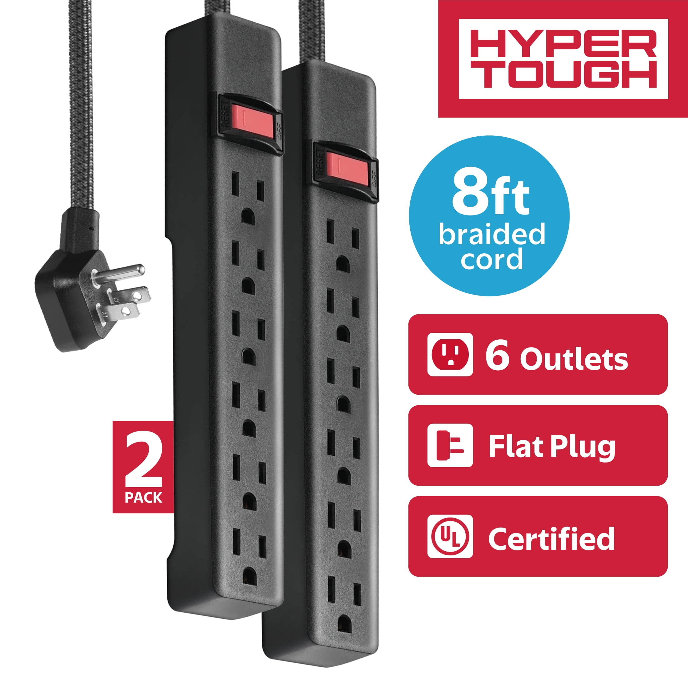 Hyper Tough Indoor 6-Outlet 8ft with Braided Cord, 2 Pack, Black
