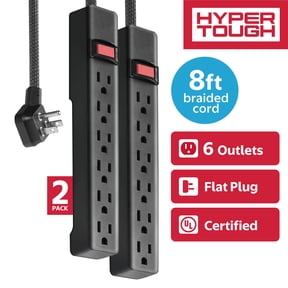 Hyper Tough 6-Outlet Indoor Power Strip, 8 ft Braided Cord, ETL Certified, Black, 2-Pack