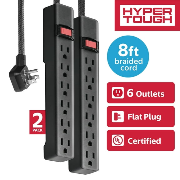 Hyper Tough 6-Outlet Indoor Power Strip, 8 ft Braided Extension Cord, ETL Certified, Black, 2-Pack