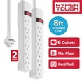 thumbnail interactive-video image 1 of Hyper Tough 6-Outlet Indoor Power Strip, 8 ft Braided Extension Cord, ETL Certified, White, 2-Pack, 1 of 11