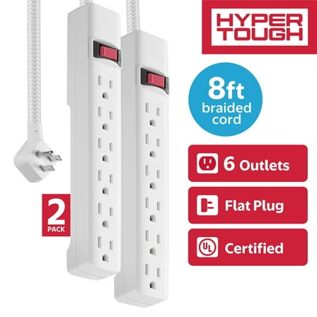 Hyper Tough 6-Outlet Indoor Power Strip, 8 ft Braided Extension Cord, ETL Certified, White, 2-Pack