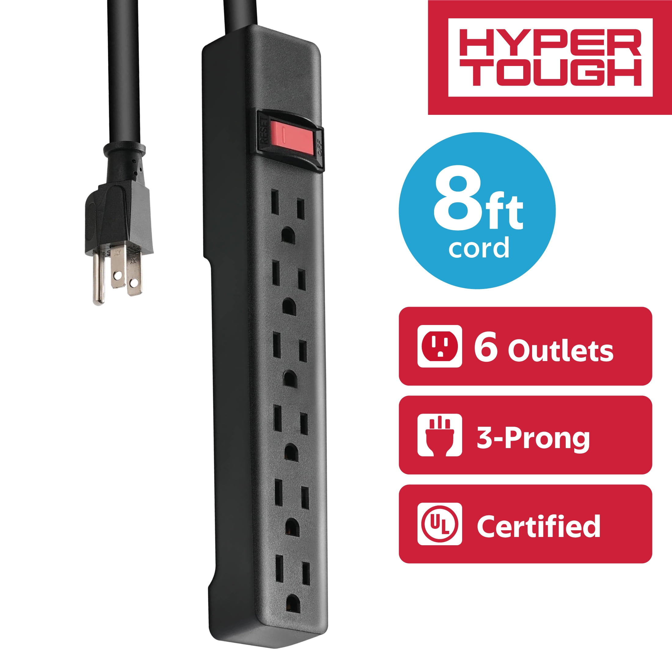 Hyper Tough Indoor Power Strip with 6 Outlets, 8ft Cord, 15A 125V