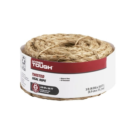 Hyper Tough 8025L-4HT Sisal Rope, 3/8" x 50', Natural Fiber, Twisted, for Outdoor/Garden Use