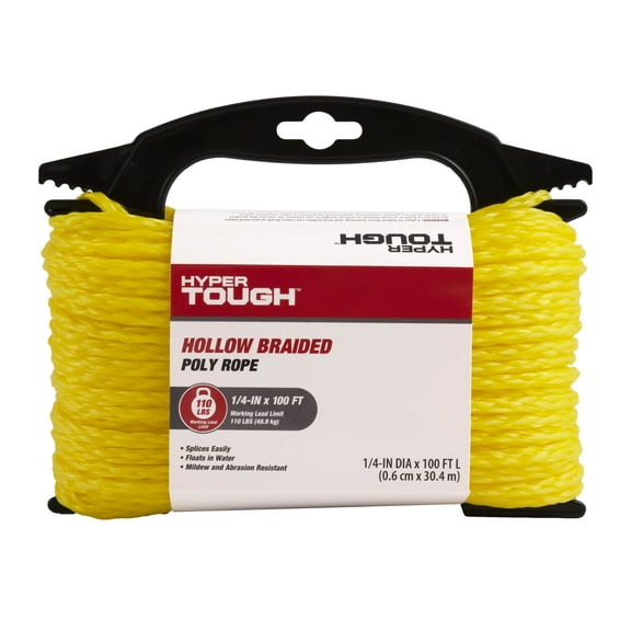 Hyper Tough Item DF4100W-HT, Polypropylene Hollow Braid Rope, Yellow, 1/4" x 100', 1 Each