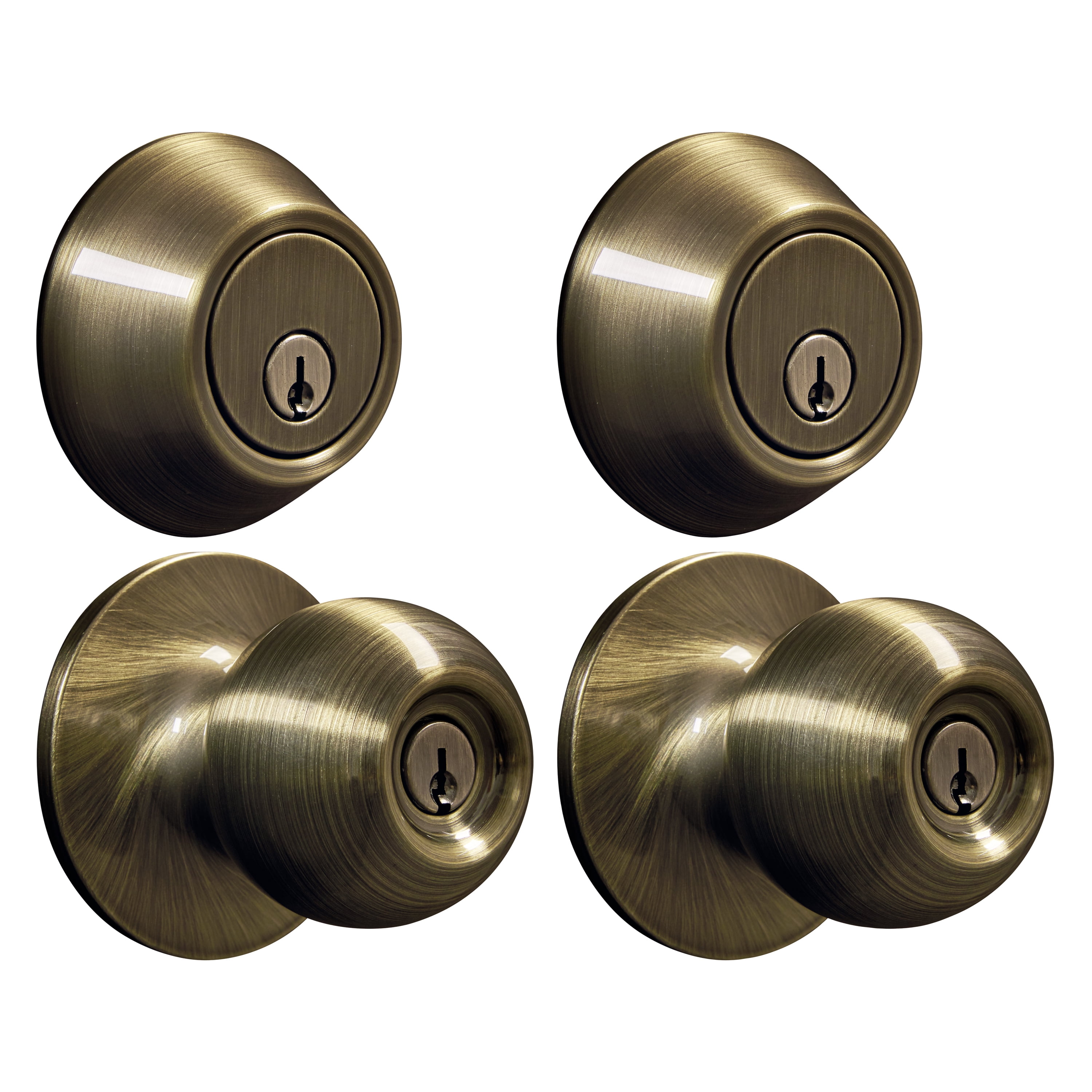 Hyper Tough Keyed Entry Ball Style Doorknob and Deadbolt Combo, Antique Brass Finish, Twin Pack