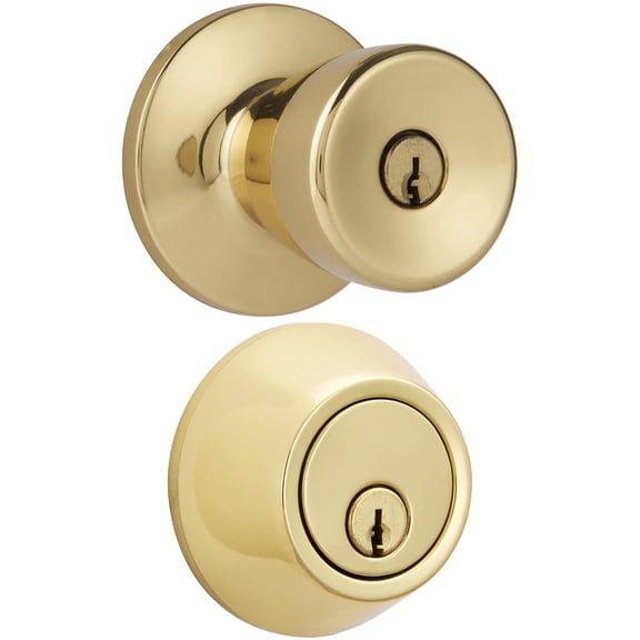 Hyper Tough Keyed Entry Tulip Doorknob and Deadbolt, Polished Brass