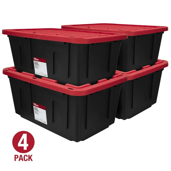 (Pack of 4) Hyper Tough 27 Gallon Large Storage Bin with Snap Lid, Black and Red, Heavy Duty Plastic Storage Container