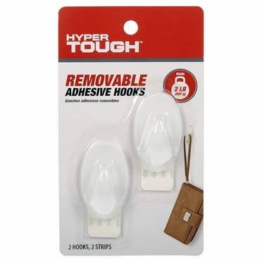 Hyper Tough, Medium Plastic Removable Hook, 2 White Oval Plastic Hooks and 2 Strips, Holds 2 lbs