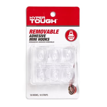 Hyper Tough Mini Removable Self-Adhesive Hooks, Square Plastic Hooks for Hanging Towels and Jackets, with 18 Adhesive Strips, 0.5 lbs Capacity, Clear, 18 Pc