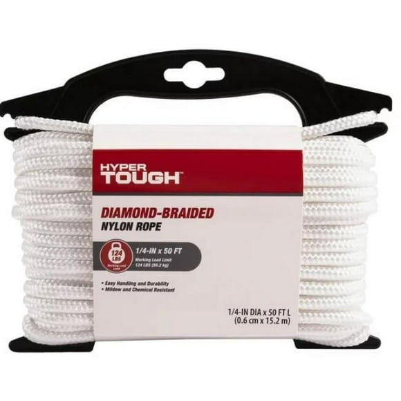 Hyper Tough Nylon Blend Diamond Braid Rope, White, 1/4 inch x 50 feet, 1 Each