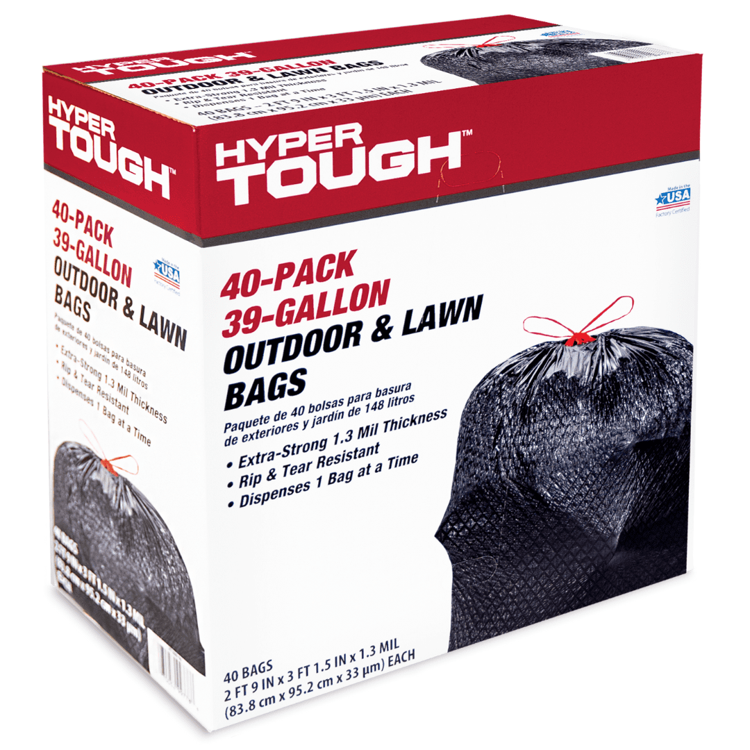 Hyper Tough Outdoor & Lawn Trash Bags, 39 Gallon Capacity, 40 Bags, 1.3 MIL  Thickness, Drawstring​ 