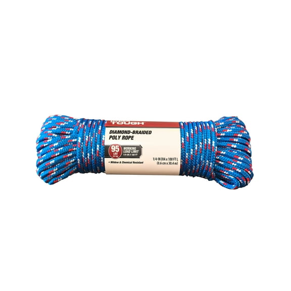 Hyper Tough Polypropylene Diamond Braided Rope, 1/4" Diameter x 100' Length, Blue 1 Each