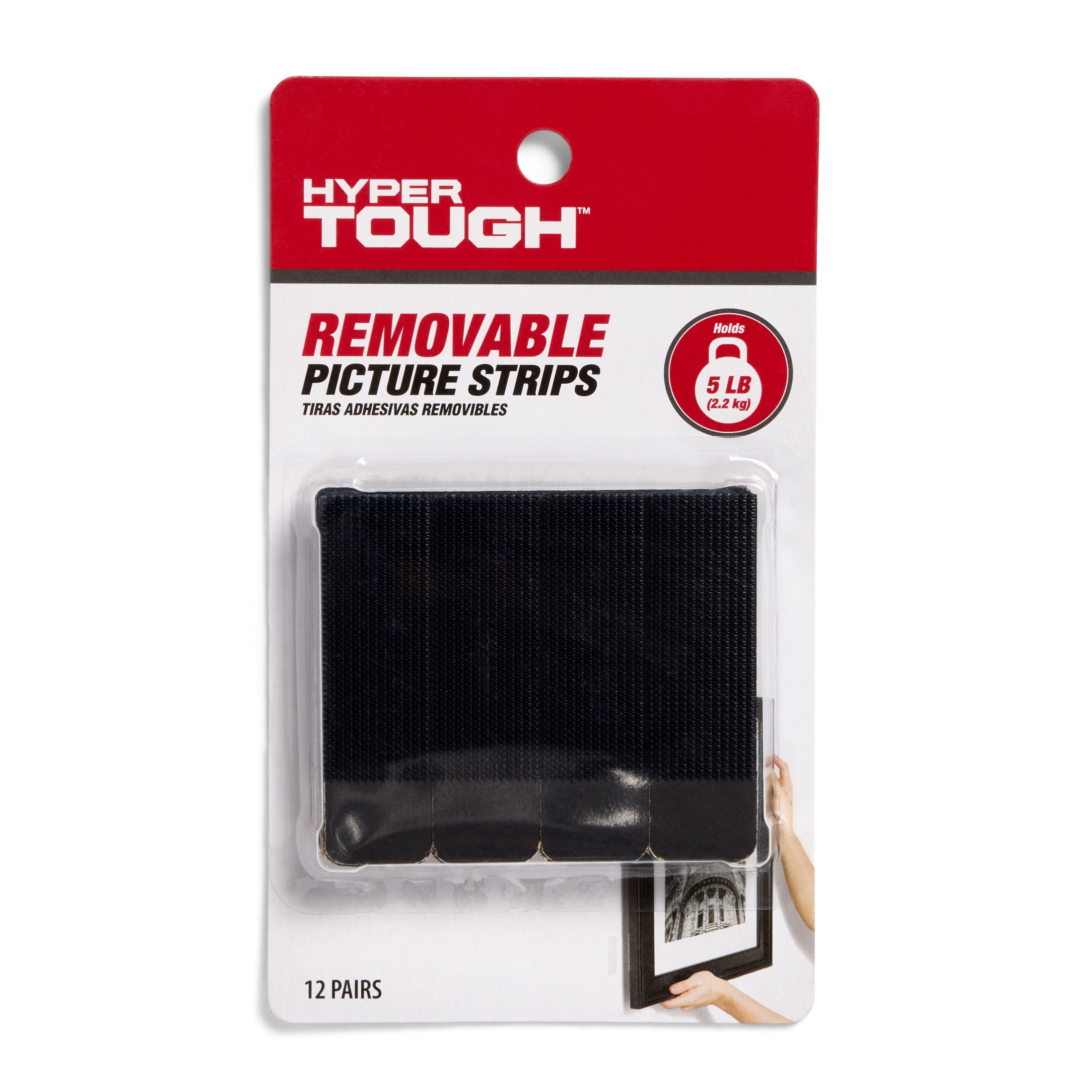 Hyper Tough Large Removable Adhesive Strips, Hanging Strips for Hanging Small Pictures, 5 lbs Capacity, Black, 12 Pairs