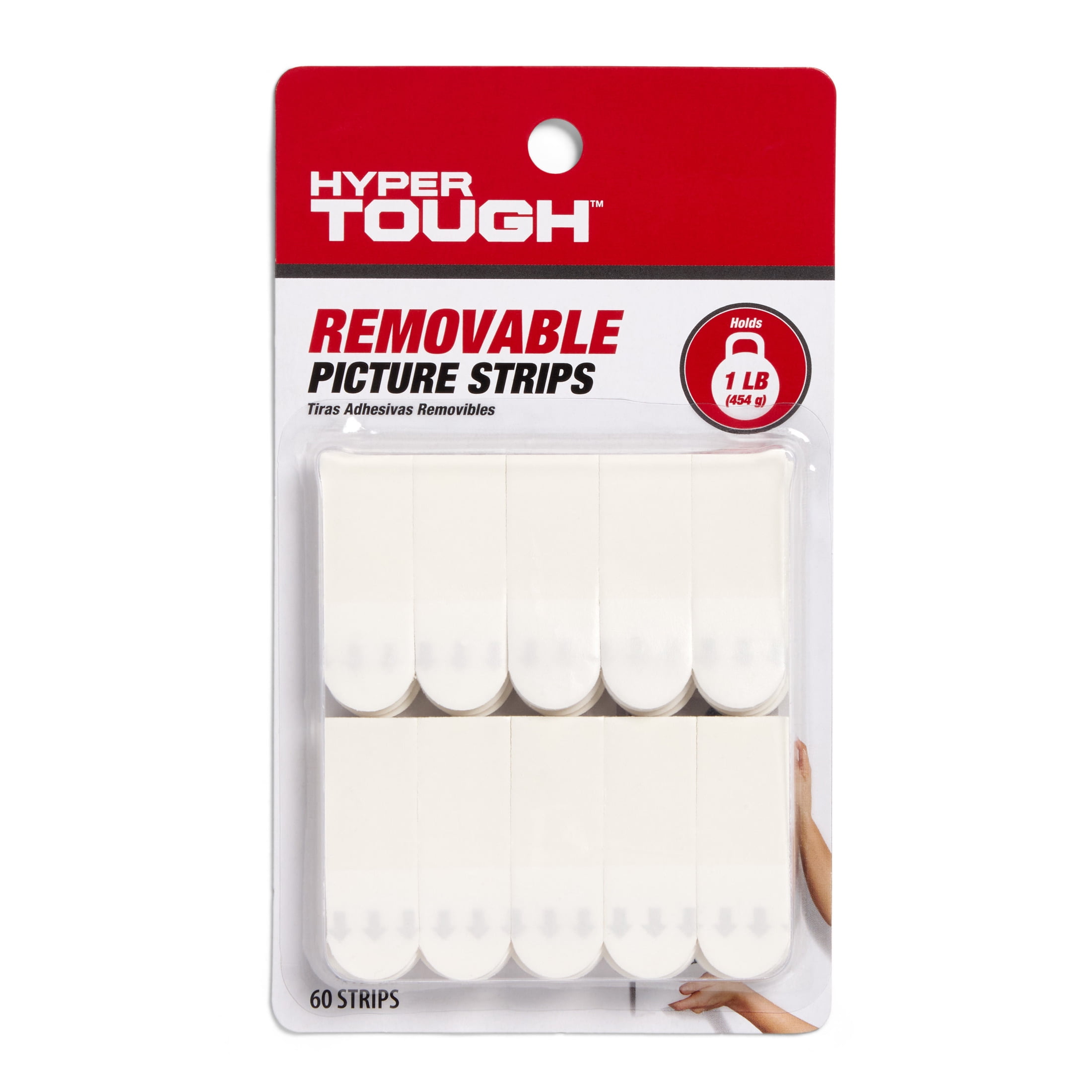 Hyper Tough Small Removable Adhesive Strips, Hanging Strips for Hanging Small Pictures, 1 lb Capacity, White, 60 Piece