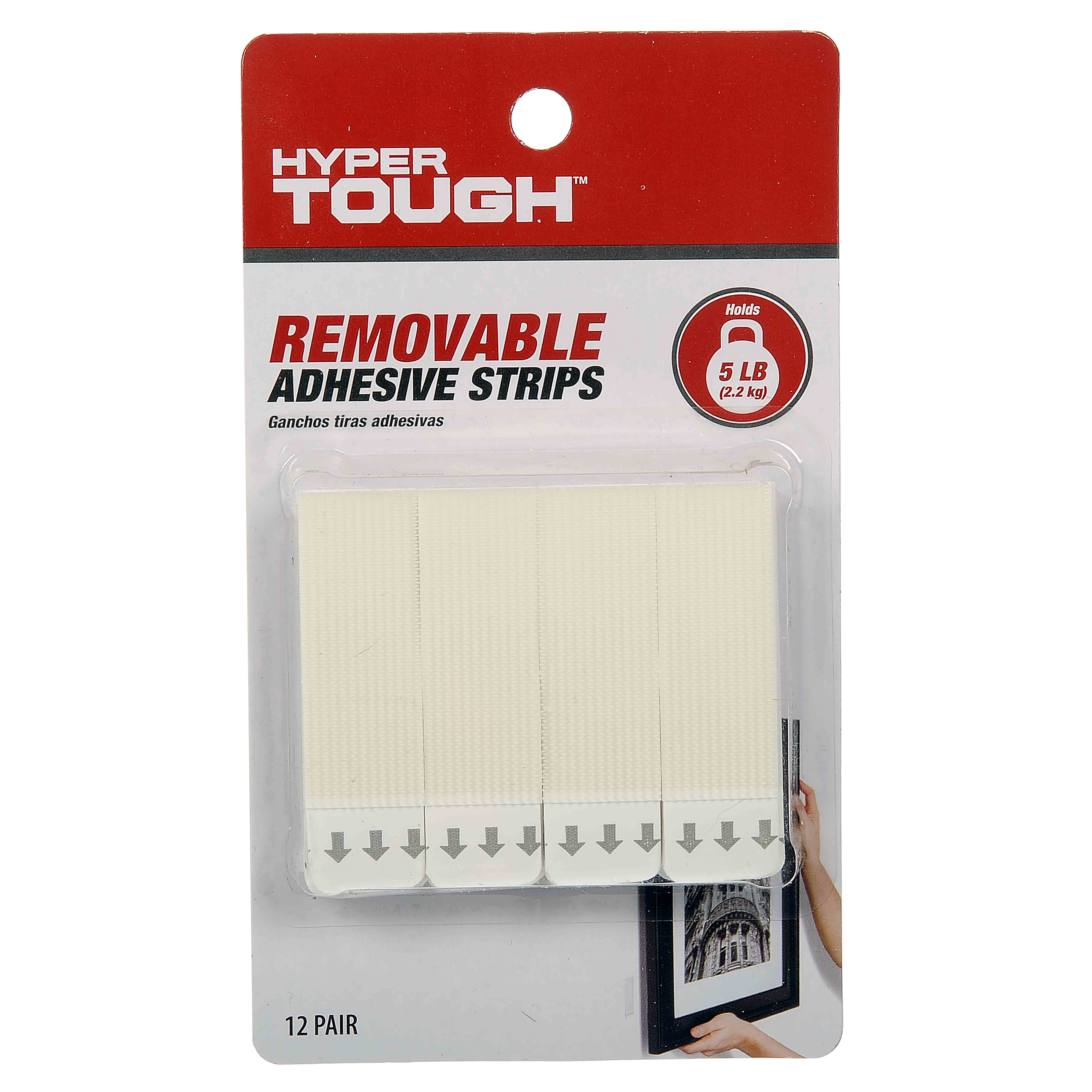 Hyper Tough Removable Adhesive Strips, Large, Holds up to 5 lb., 12 Pair, White - image 1 of 8