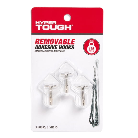 Hyper Tough Removable Hinged Adhesive Hooks, Clear Plastic, 3 Count, 1 lb Capacity