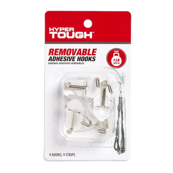 Hyper Tough Medium Removable Hinged Hooks, Plastic Clear Hooks for Hanging Keys, with 3 Adhesive Strips, 1 lb Capacity, White, 9 Pc