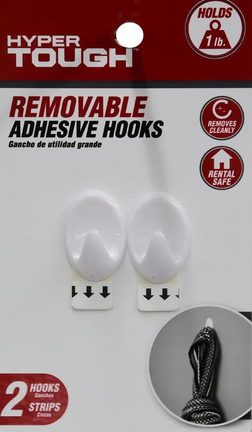 Hyper Tough, Small Plastic Removable Hook, 2 White Oval Plastic Hooks