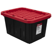 Hyper Tough Small Storage Bin, 12 Gallon Plastic Storage Container with Snap-On Lid, Black and Red, Industrial