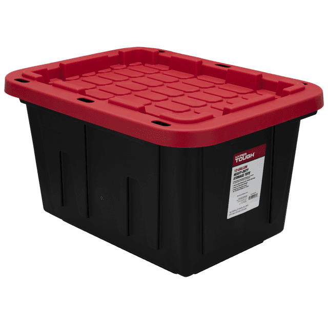 Hyper Tough Small Storage Bin, 12 Gallon Plastic Storage Container with Snap-On Lid, Black and Red, Industrial