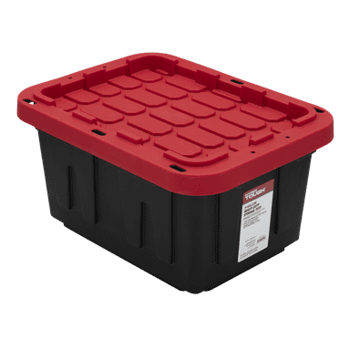 Hyper Tough Small Storage Bin, 5 Gallon Plastic Storage Container with Snap-On Lid, Black and Red