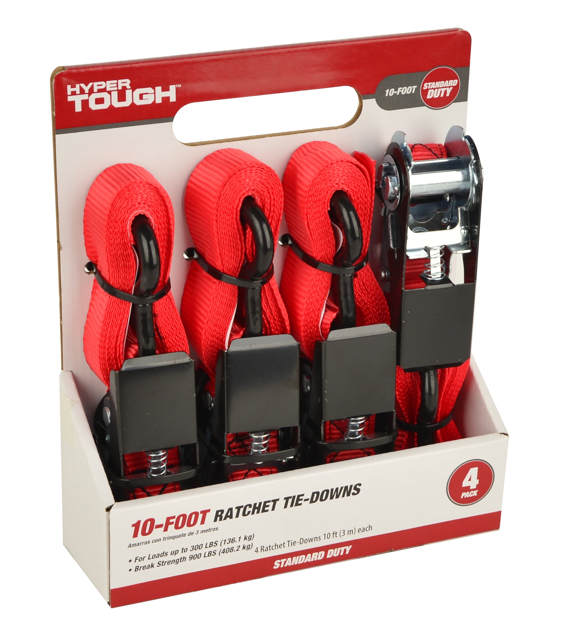 Hyper Tough Standard Duty Ratchet Tie-Downs, 10', 4 Count