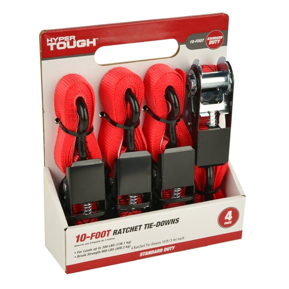 Hyper Tough Standard Duty Ratchet Tie-Downs, 10', 4 Count
