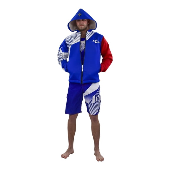 Hyper Tour Coat | Blue / Red | Oversized Neoprene Jacket | PWC Jet Ski Gear (Medium)