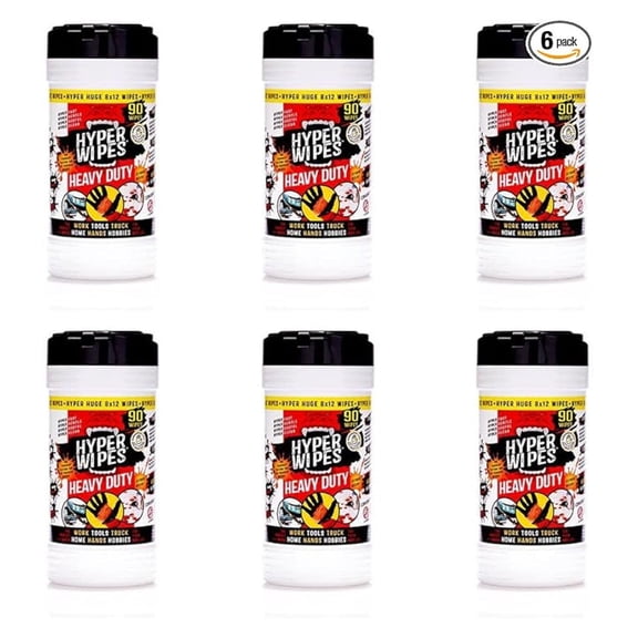 Hyper Wipes Heavy Duty Cleaning Wipes 6 Pack - 8x12 Inch Multi-Surface Wipes for Hands & Tools - Degreasing All Purpose Cleaner for Mechanic, Work Surfaces & Bathroom - 540 Count