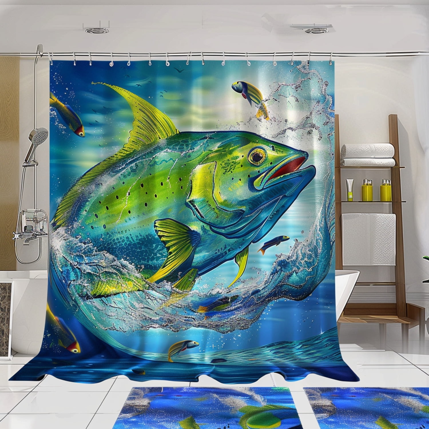 Hyperrealistic Dorado Fish Jumping Ocean Bathroom Decor Set in Blue