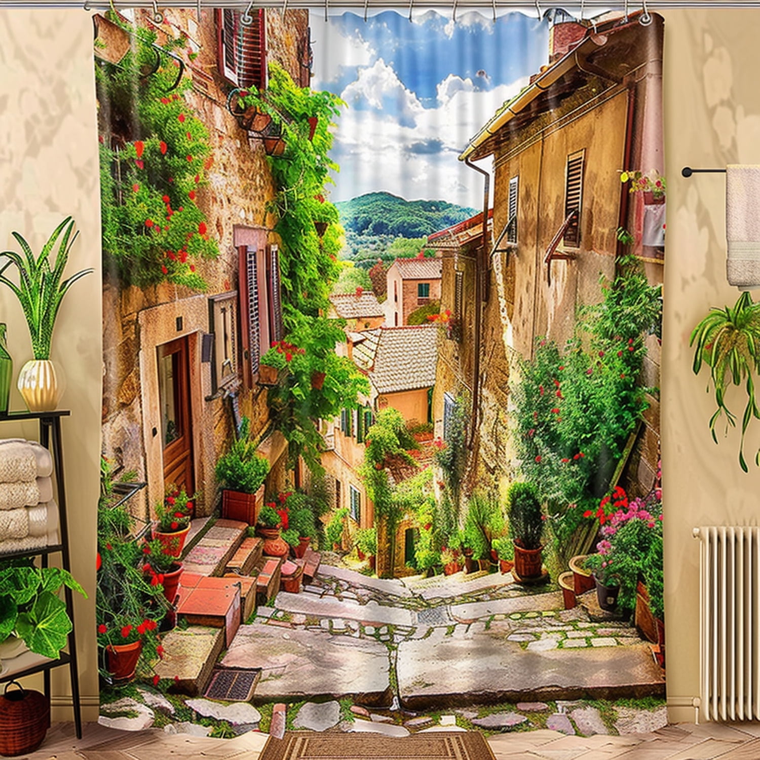 Hyper-realistic Tuscany Old Town Street Shower Curtain & Vibrant ...