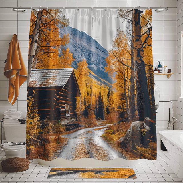 Hyper realistic fall forest scene shower curtain with brown wooden