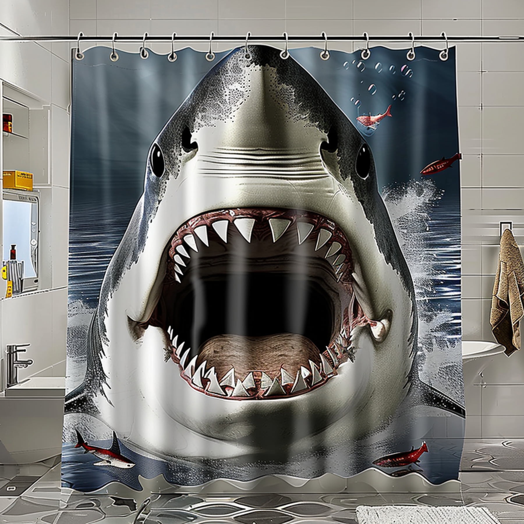 Hyper realistic great white shark shower curtain with open mouth and