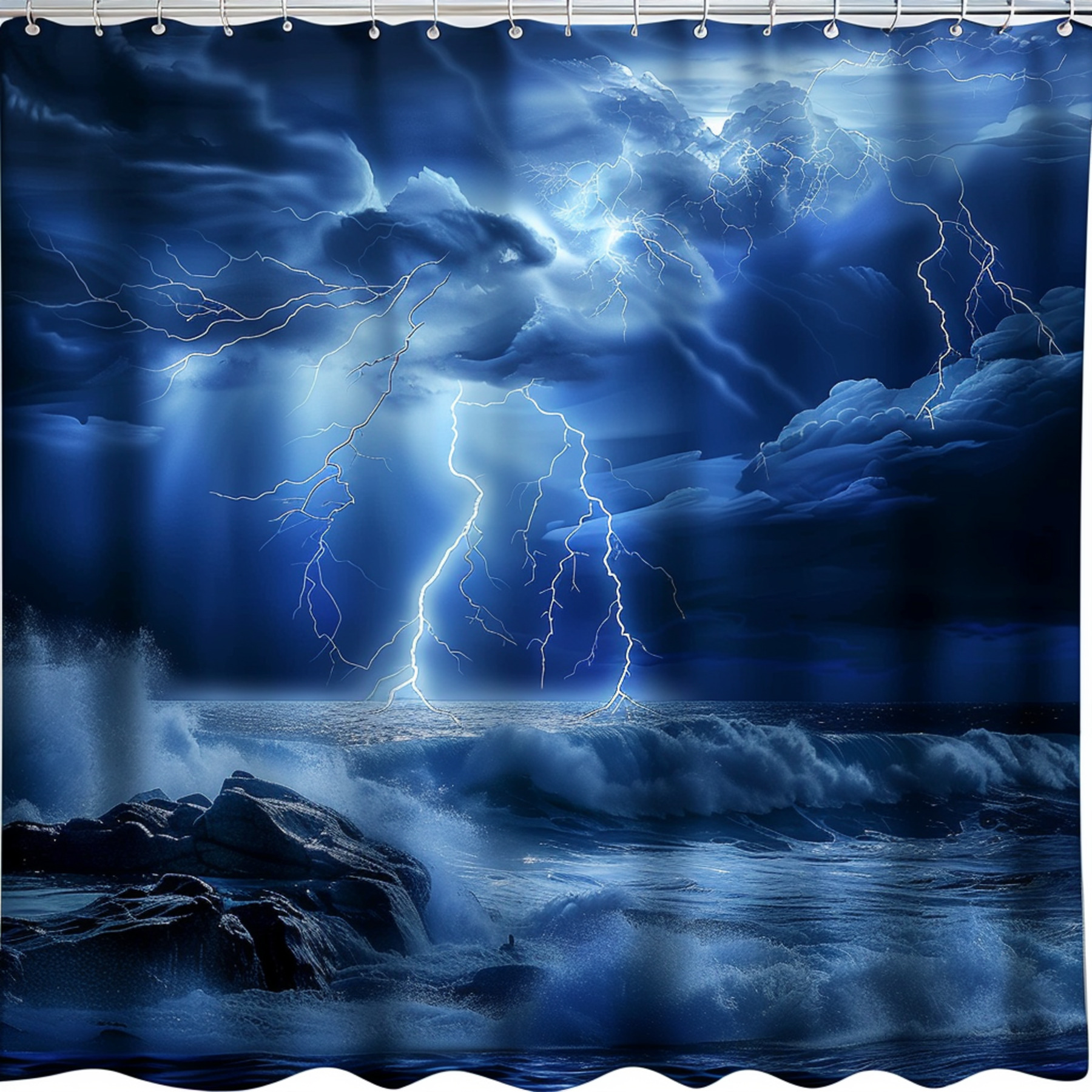 Hyper realistic lightning storm shower curtain with fantasy landscape