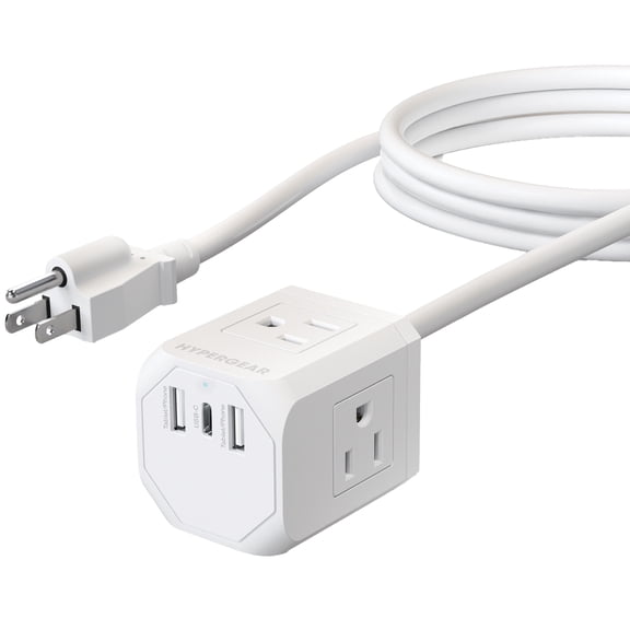 HyperGear CUBE 6-Outlet Multi-Port Power Strip Extension Cord with 5-Ft. Cord, White, 15706