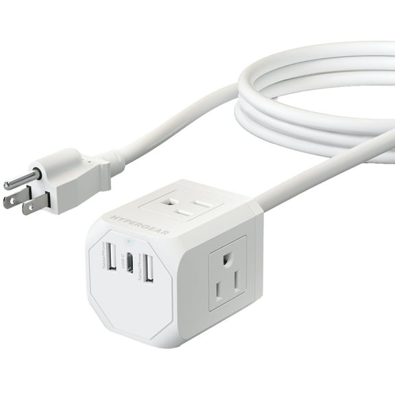 HyperGear CUBE 6-Outlet Multi-Port Power Strip Extension Cord with 5-Ft. Cord, White, 15706