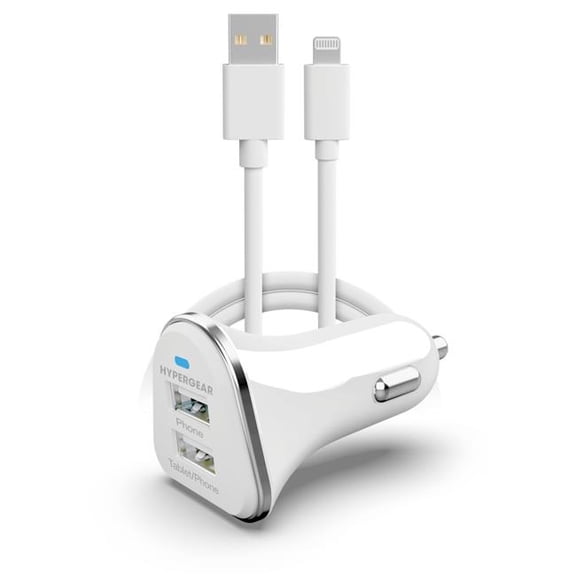 HyperGear HPG-16028-HYP Hi-Power Dual USB 3.4A Car Charger for iPhones iPads & AirPods - White