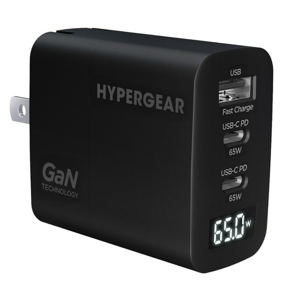 HyperGear SpeedBoost 65-Watt USB-C PD Tri-Port GaN Laptop Wall Charger with PPS and Digital Display (Black), 16299