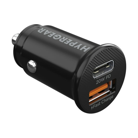HyperGear mini Dual 20-Watt PD USB-C and 18-Watt USB Car Charger, Black, 15650