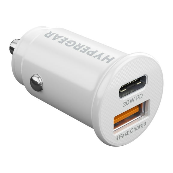 HyperGear mini Dual 20-Watt USB-C PD and 18-Watt USB Car Charger (White), 15651