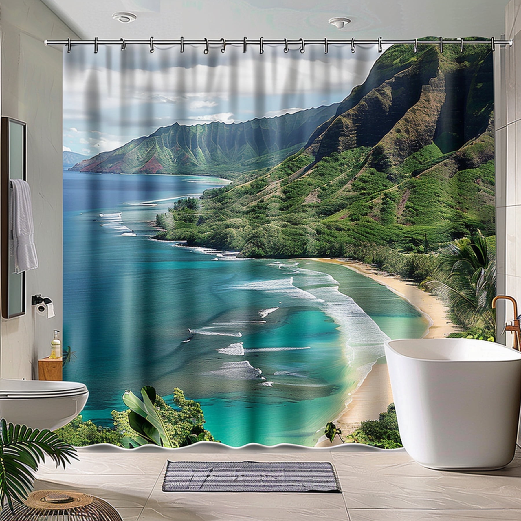 HyperRealistic Hawaii Mountain & Beach Shower Curtain Greenery Blue ...