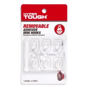 Hyper Tough Mini Removable Self-Adhesive Hooks, Square Plastic Hooks for Hanging Towels and Jackets, with 6 Adhesive Strips, 0.5 lbs Capacity, Clear, 6 Pc