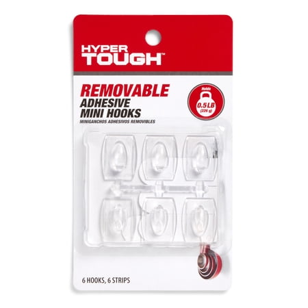 Hyper Tough Mini Removable Self-Adhesive Hooks, Square Plastic Hooks for Hanging Towels and Jackets, with 6 Adhesive Strips, 0.5 lbs Capacity, Clear, 6 Pc