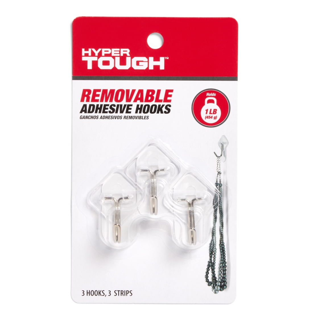 Hyper Tough Medium Removable Hinged Hooks, Plastic Clear Hooks for Hanging Keys, with 3 Adhesive Strips, 1 lb Capacity, White, 3 Pc