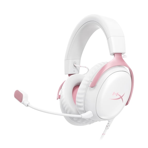 HyperX Cloud III – Wired Gaming Headset, PC, PS5, Xbox Series X|S, Angled 53mm Drivers, DTS Spatial Audio, Memory Foam, Durable Frame, Ultra-Clear 10mm Mic, USB-C, USB-A, 3.5mm – White/Pink