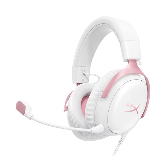 HyperX Cloud III – Wired Gaming Headset, PC, PS5, Xbox Series X|S, Angled 53mm Drivers, DTS Spatial Audio, Memory Foam, Durable Frame, Ultra-Clear 10mm Mic, USB-C, USB-A, 3.5mm – White/Pink