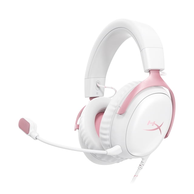 HyperX Cloud III – Wired Gaming Headset, PC, PS5, Xbox Series X|S, Angled 53mm Drivers, DTS Spatial Audio, Memory Foam, Durable Frame, Ultra-Clear 10mm Mic, USB-C, USB-A, 3.5mm – White/Pink