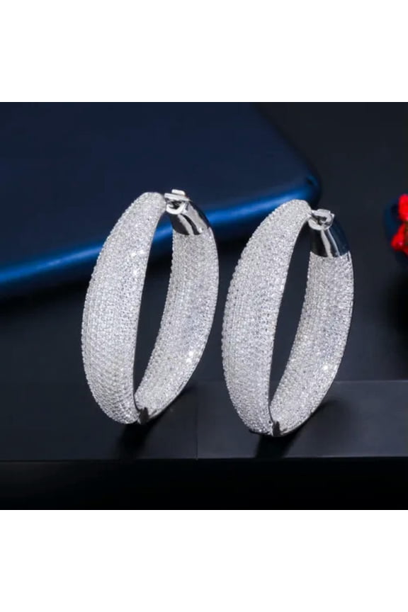 Hyperbole Micro Pave White Gold CZ Big Circle Hoop Earrings Women Party Jewelry